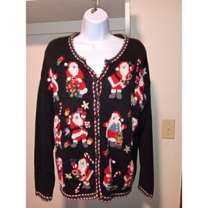 Heirlooms Col. Santa allover Christmas Sweater Knit Button Up‎ Women's Sz S